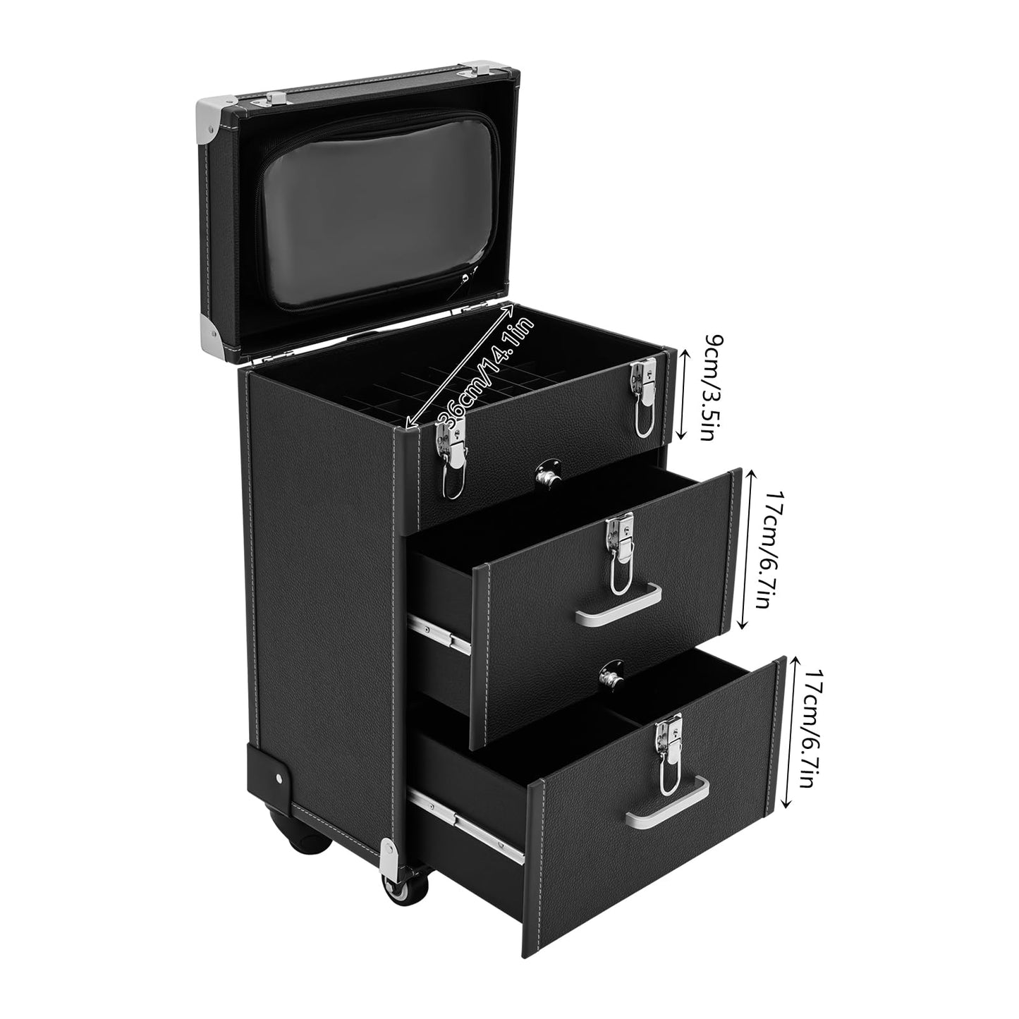 FLYHERO Professional Makeup Trolley Case, Rolling Makeup Nail Case Makeup Train Case with 4 Wheels Jewelry Travel Cosmetic Organizer Makeups Train Suitcase for Outdoor, Travel (Black+Silver)