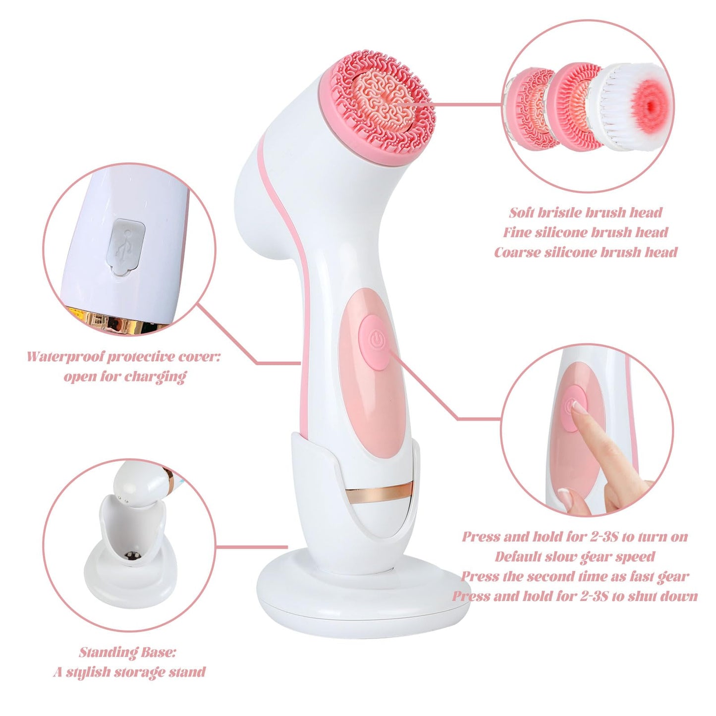 Facial Cleansing Brush, 3in1 Silicone Face Scrubber, Waterproof Facial Scrubber for Deep Cleansing, Rechargeable Face Exfoliation Brush with 2 Adjustable Speeds, Face Spin Brush for Women Men (Pink)