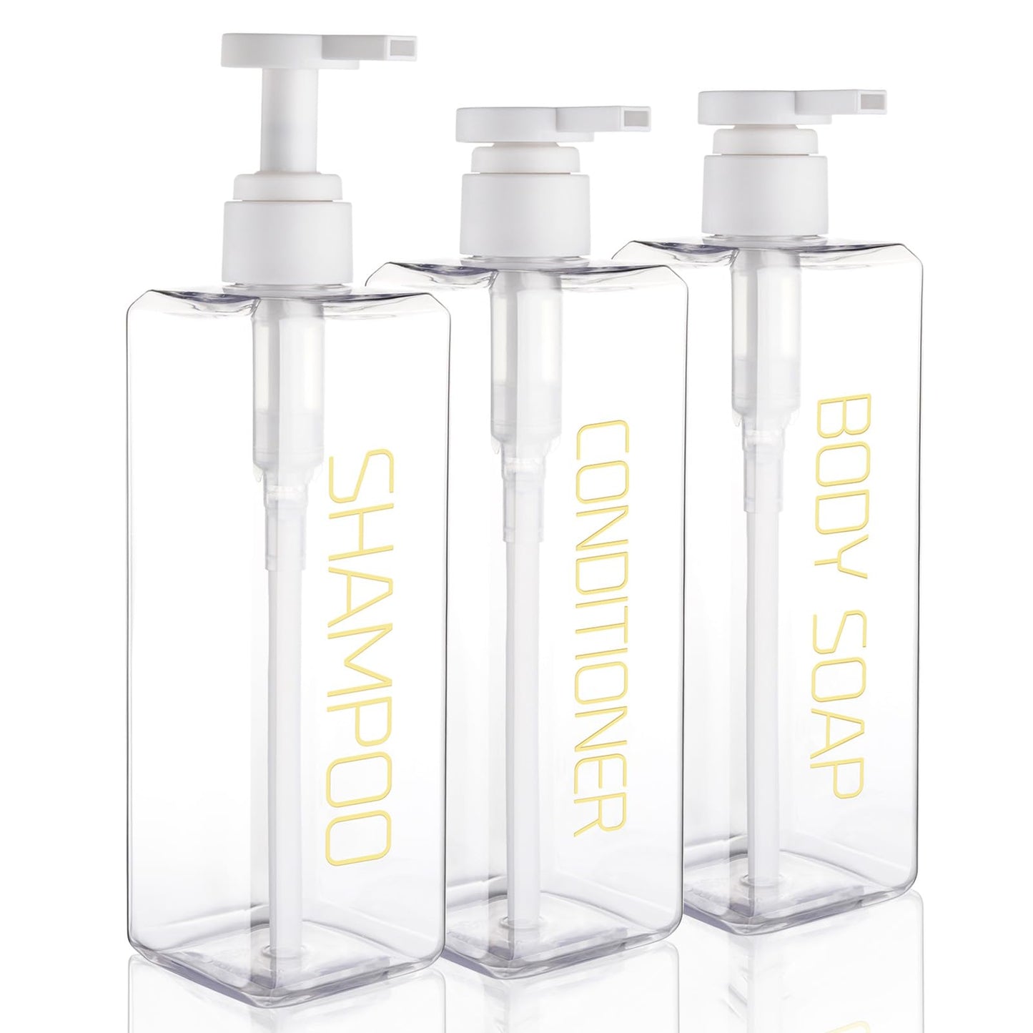 Shampoo and Conditioner Dispenser Shower Soap Bottles 3 Pack 550ml/18.6oz Refillable Shampoo Pump Bottle Dispenser Plastic Empty Body Wash Dispensers with Stylish Permanent Labels for Bathroom (Clear)