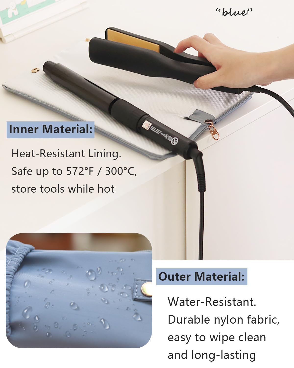 Holder & Mat for Hot Tools, Curling Iron Flat Iron Heat Resistant Hair Tools Travel Bag - Ideal for Home, Travel, Gift (Blue 2 Pack)