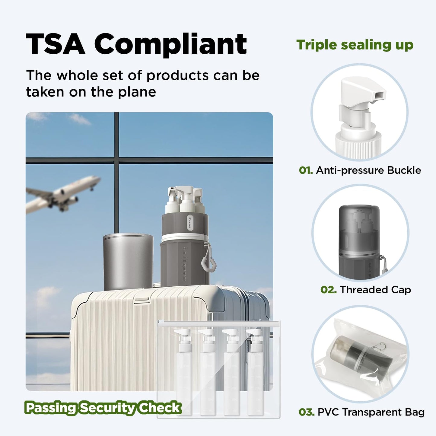 VOGOGE Travel Bottles for Toiletries, TSA Approved Travel Shampoo and Conditioner Bottles with Suction Cups, Gray