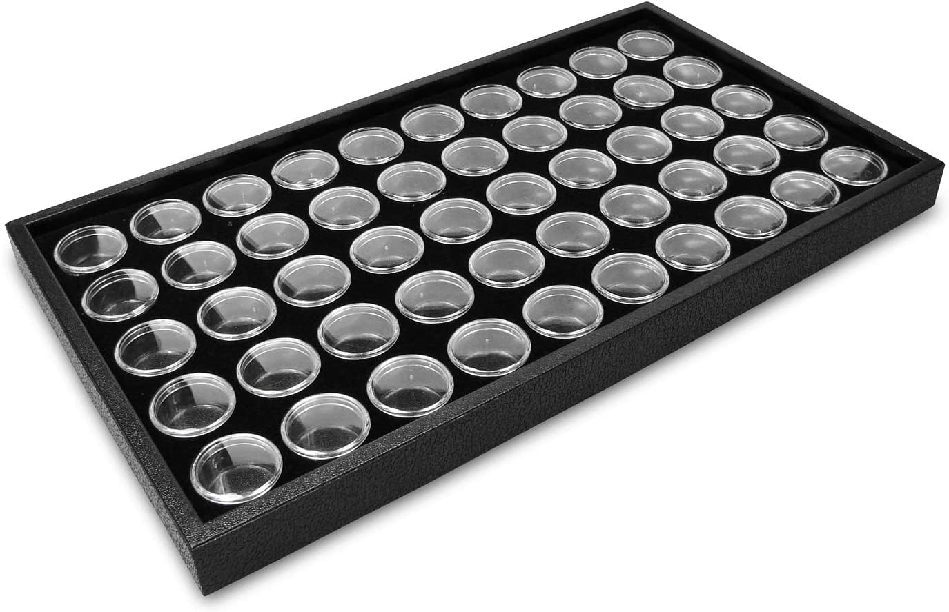 RJ Displays- 50 Black Foam Gem Jars with Tray, Gemstone Display Case with Lids for Gems, Coins, Gem Storage Organizer, Gem Holder, Charm Box, Gem Display Case, Gemstone Storage, 14.5" x 7.8" x 0.75"