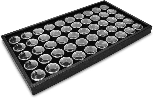 RJ Displays- 50 Black Foam Gem Jars with Tray, Gemstone Display Case with Lids for Gems, Coins, Gem Storage Organizer, Gem Holder, Charm Box, Gem Display Case, Gemstone Storage, 14.5" x 7.8" x 0.75"