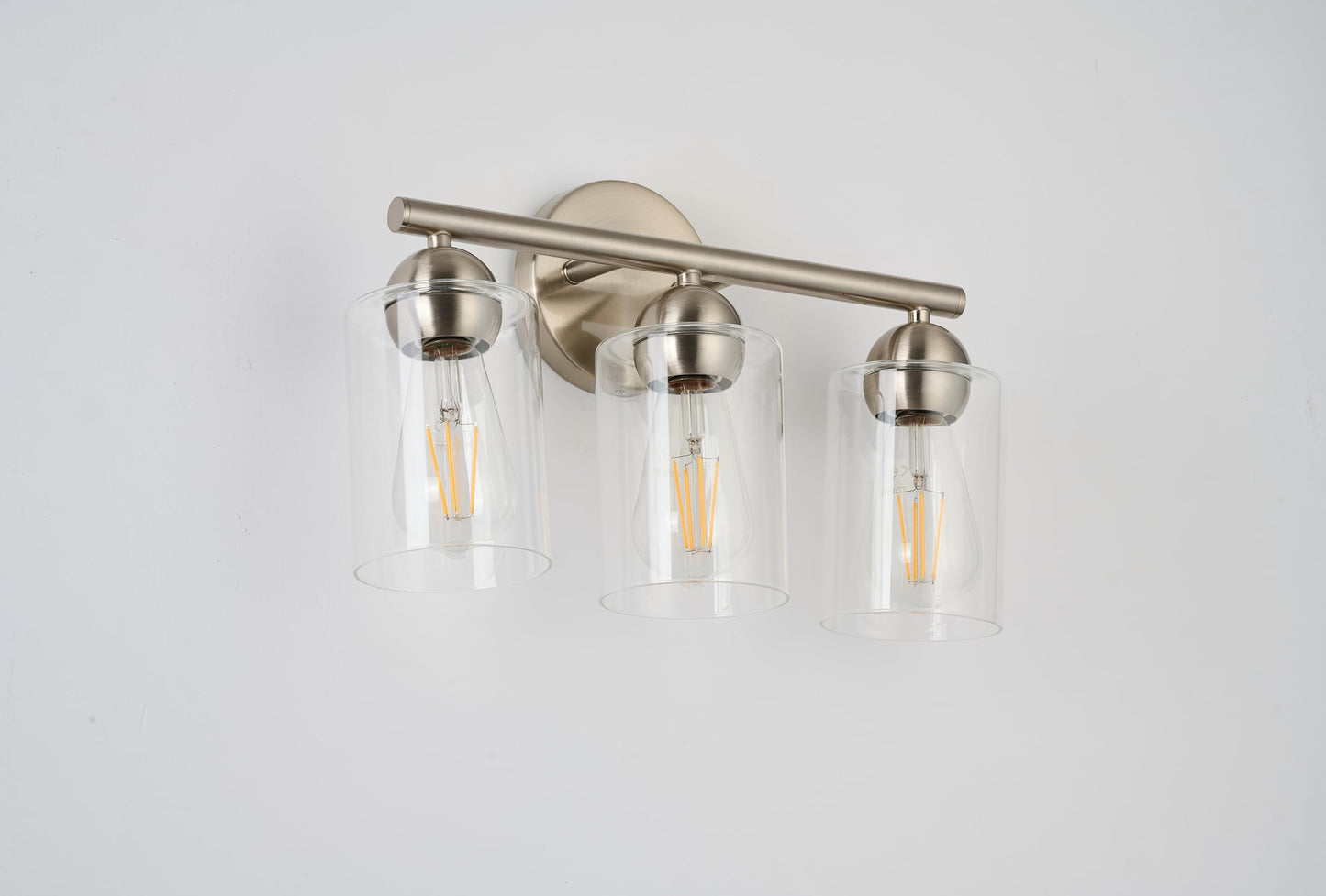 RUIGE Minimalist 3-Light Brushed Nickel Bathroom Vanity Light, Modern Silver Wall Sconce with Clear Glass Shades, Sleek Bathroom Lighting for Bedroom, Hallway YG3L-BN (Bulbs Not Included)