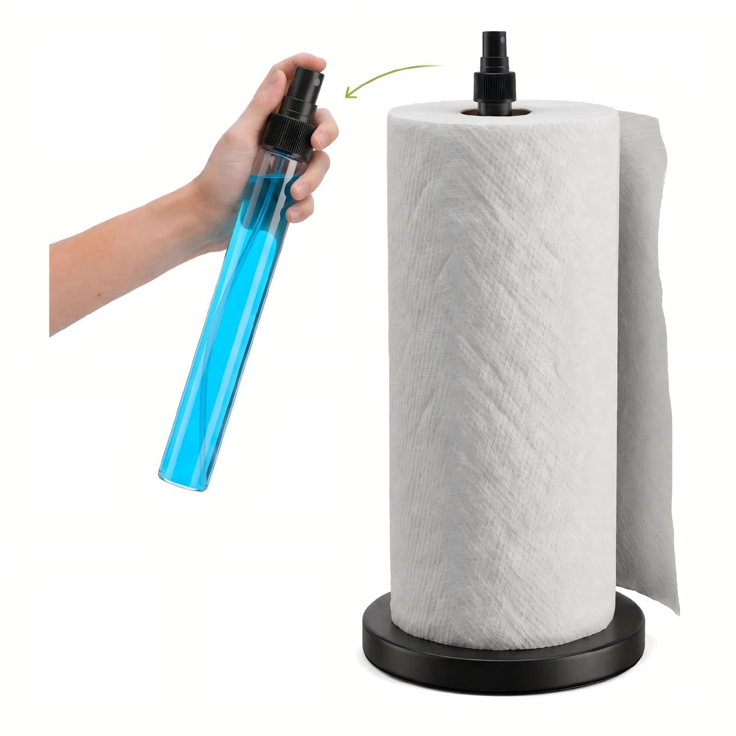 Phtynex 2 in 1 Paper Towel Holder with Spray Bottle,Countertop Paper Towel Holder with Weighted Base,Rust-Resistant Metal Base Standing Paper for Kitchen and Bathroom (Black)