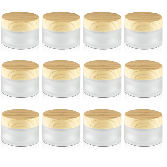 12 Pcs Frosted Glass Cream Jars Refillable Cosmetic Containers Sample Jar with Plastic Wood Grain Lids for Lotion Cream Eyeshadow - 30g/1oz