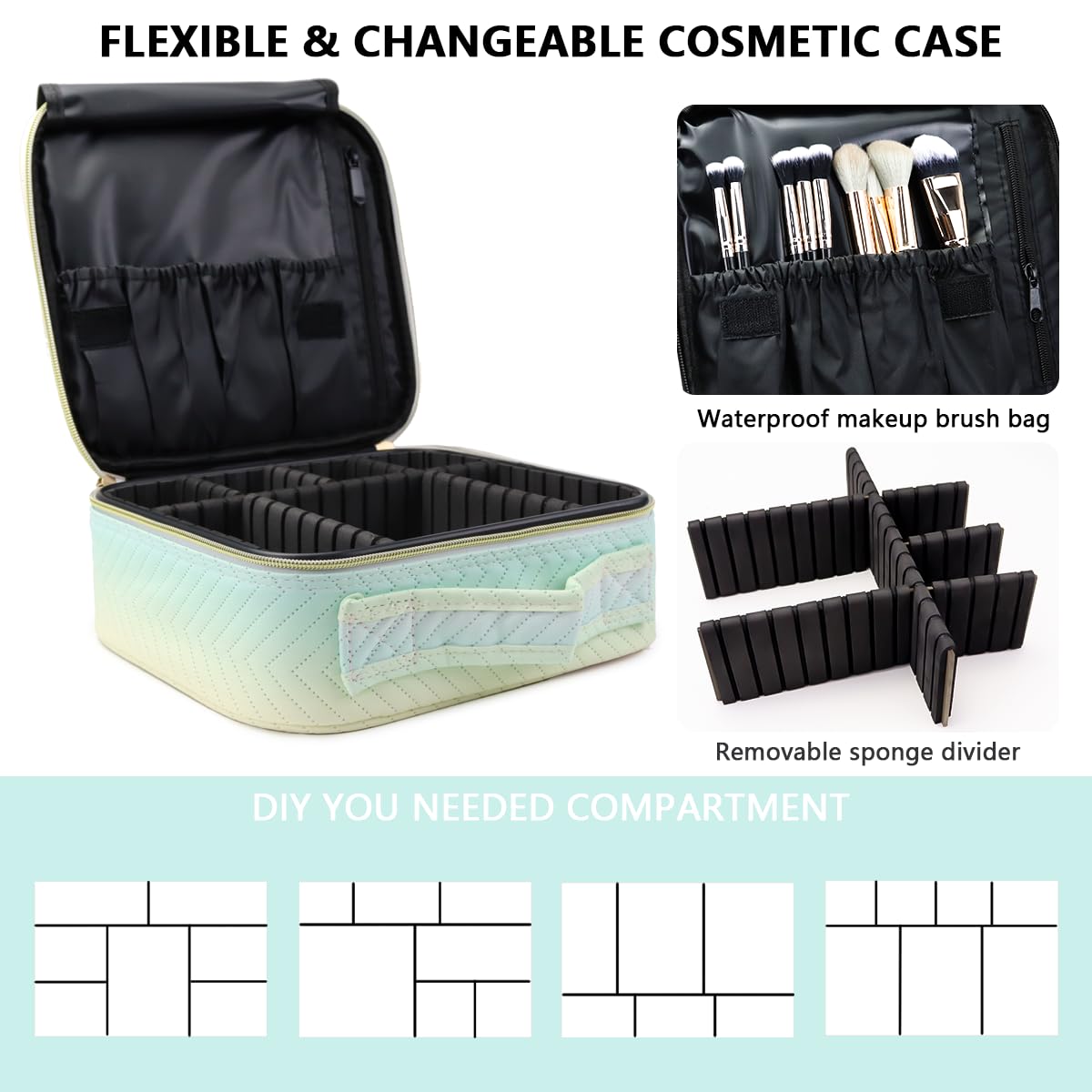MORMID Travel Makeup Case 5 Layers Portable Makeup Train Case Cosmetic Bag Organizer Storage for Women with Adjustable Dividers and Shoulder Strap for Toiletry Travel Accessories(gradient green)