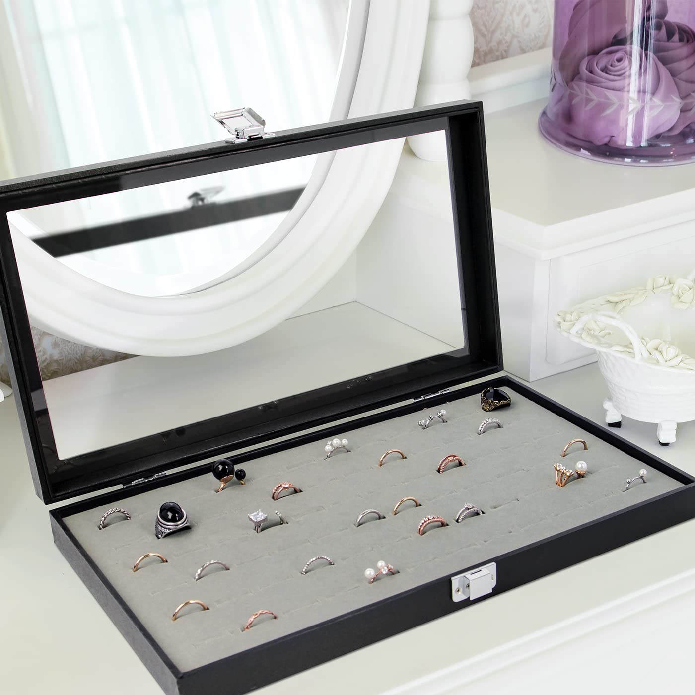 J JACKCUBE DESIGN Ring Organizer - Versatile Ring Display Case and Ring Case - Perfect for Storing and Showcasing Multiple Rings - Elegant Ring Jewelry Box and Storage Solution (Gray Velvet) - MK248C