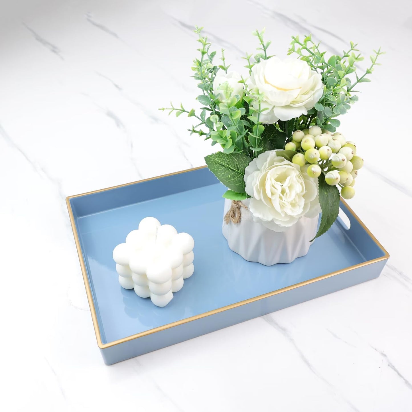 Spsyrine Blue Bathroom Vanity Tray with Handles for Dresser Tops, Countertop, Perfume Decorative Tray, 11.8” * 7.87” *1.37”