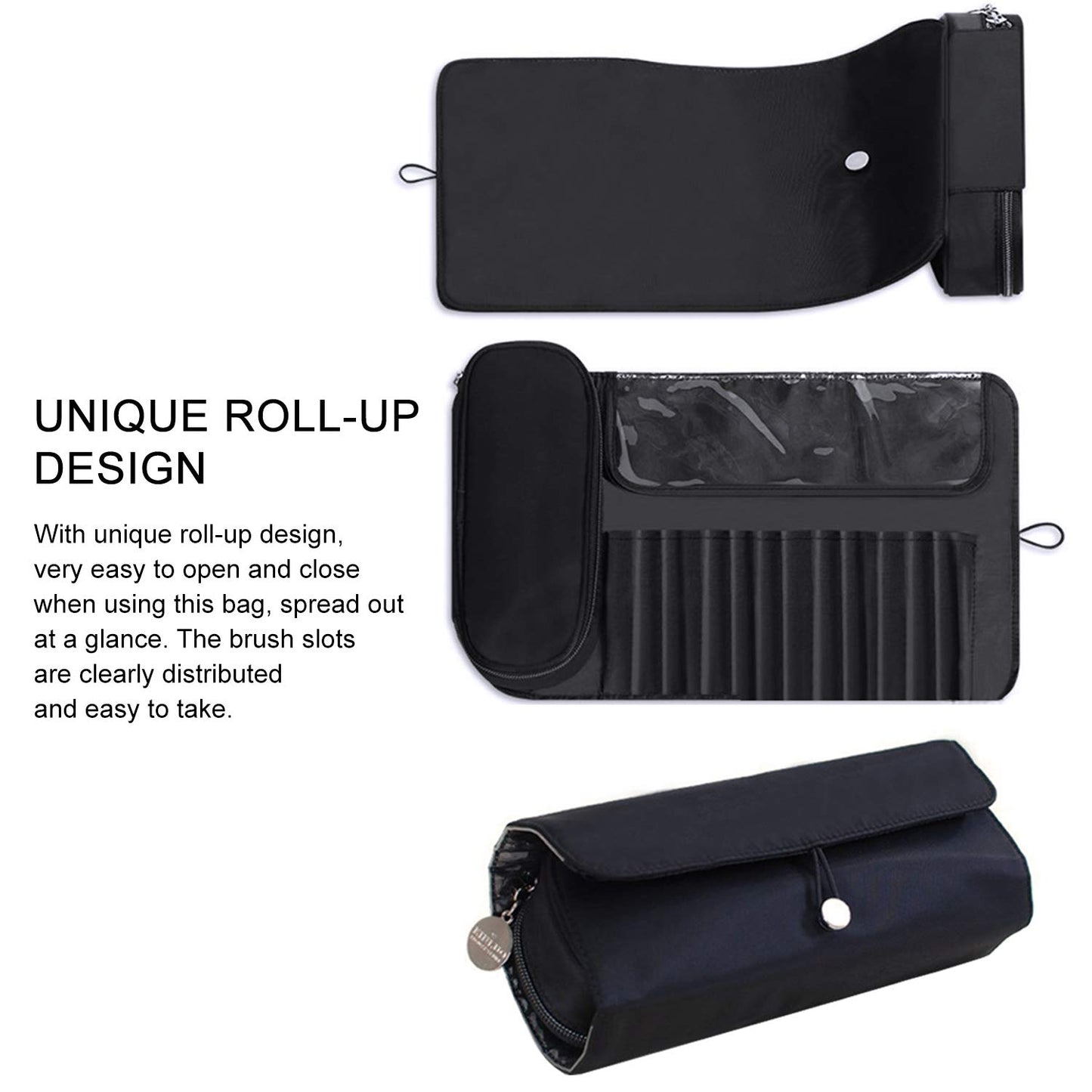 Warmstore Makeup Brush Bag, Travel Makeup Brush Case Makeup Brush Holder Organizer Cosmetic Bag Portable Roll Up Brush Storage Bag for Makeup Brushes and Cosmetic Essentials (Black)