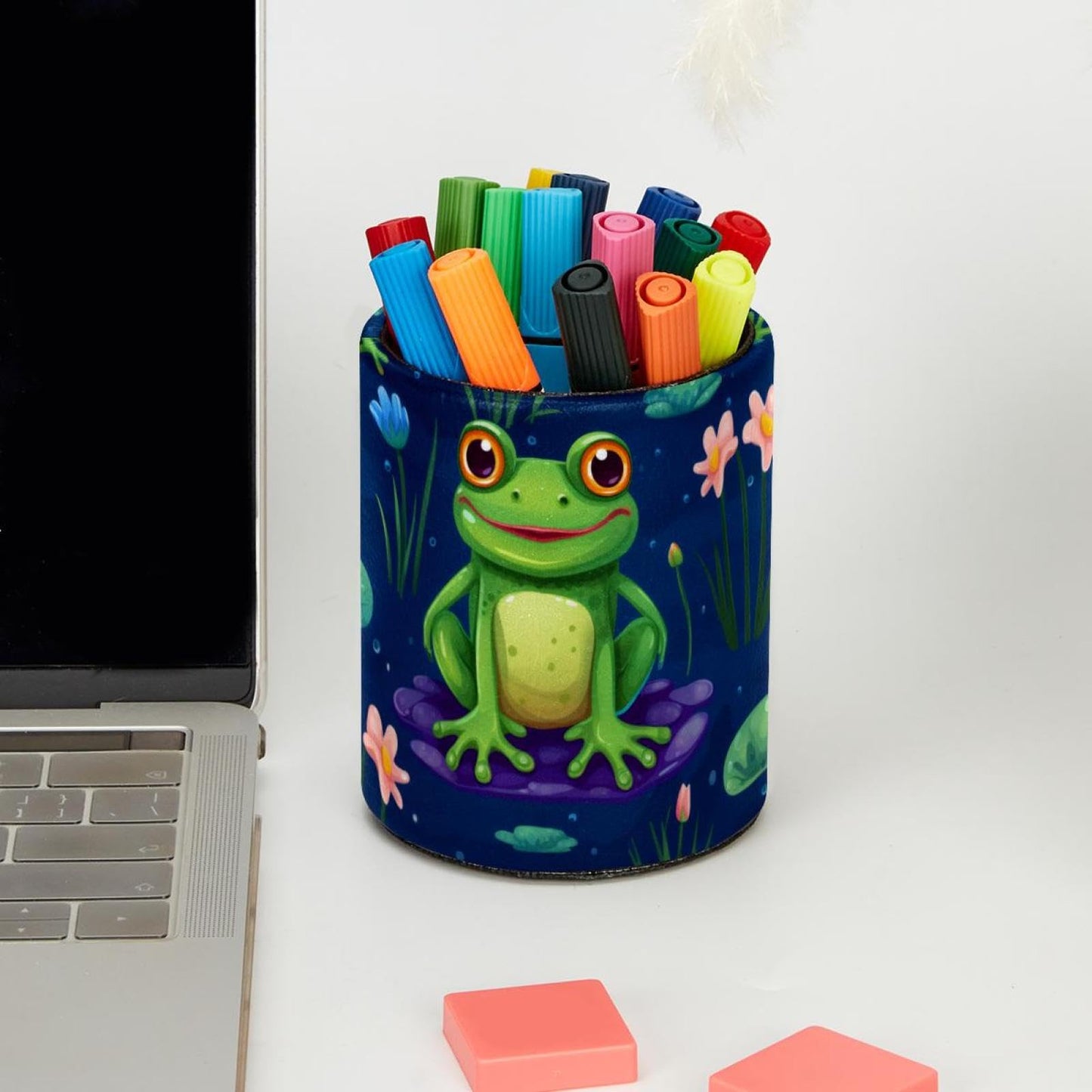 KikandKo Pencil Holder for Desk, Cute Frog Pen Cup Makeup Brush Holder, Leather Desktop Organizer Storage Case Stationery for School Home Office Supplies