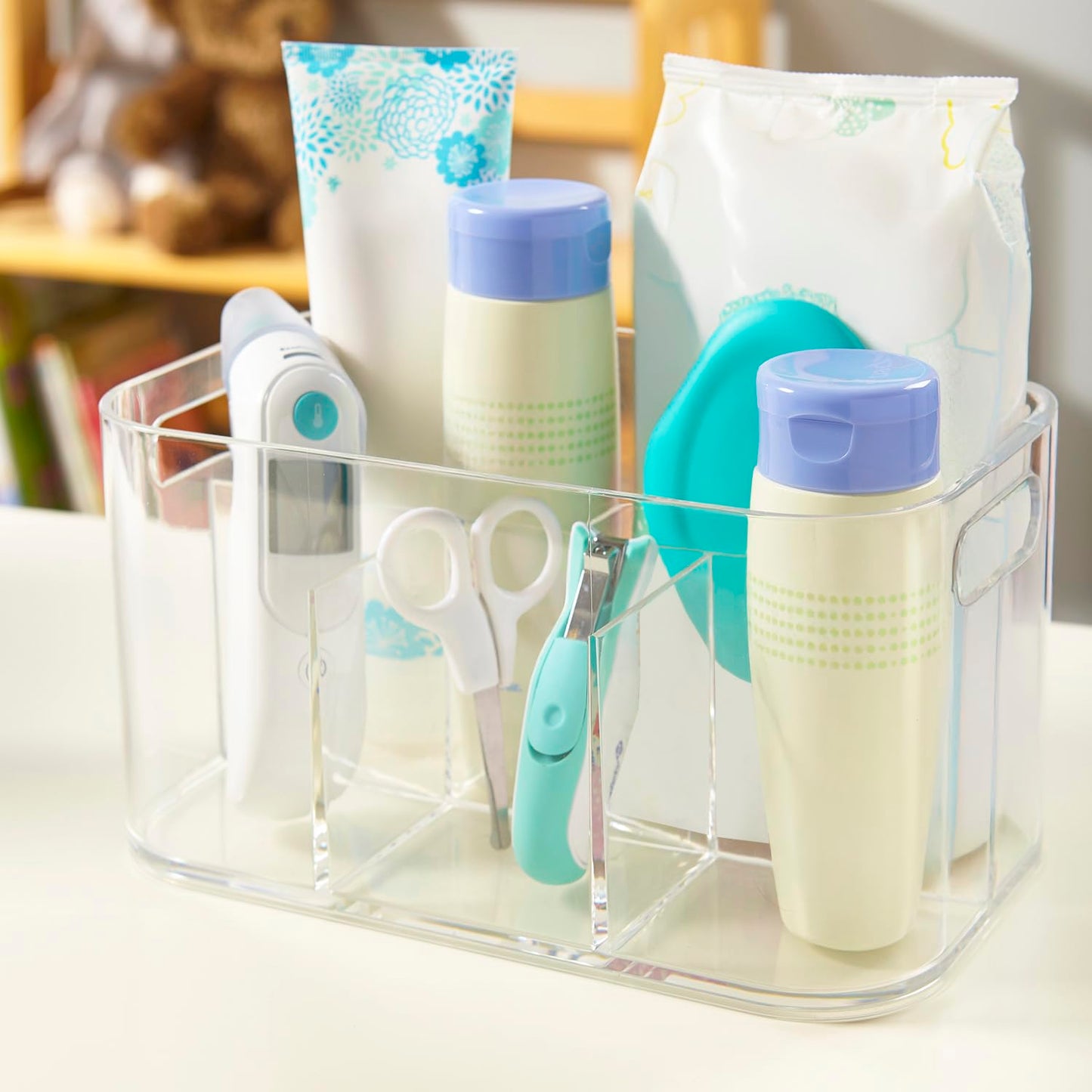 STORi Bliss 5-Compartment Plastic Cosmetics Storage Organizer | Clear | Rectangular Divided Makeup Bin & Vanity Caddy with Pass-Through Handles | Round Corner Design | Made in USA