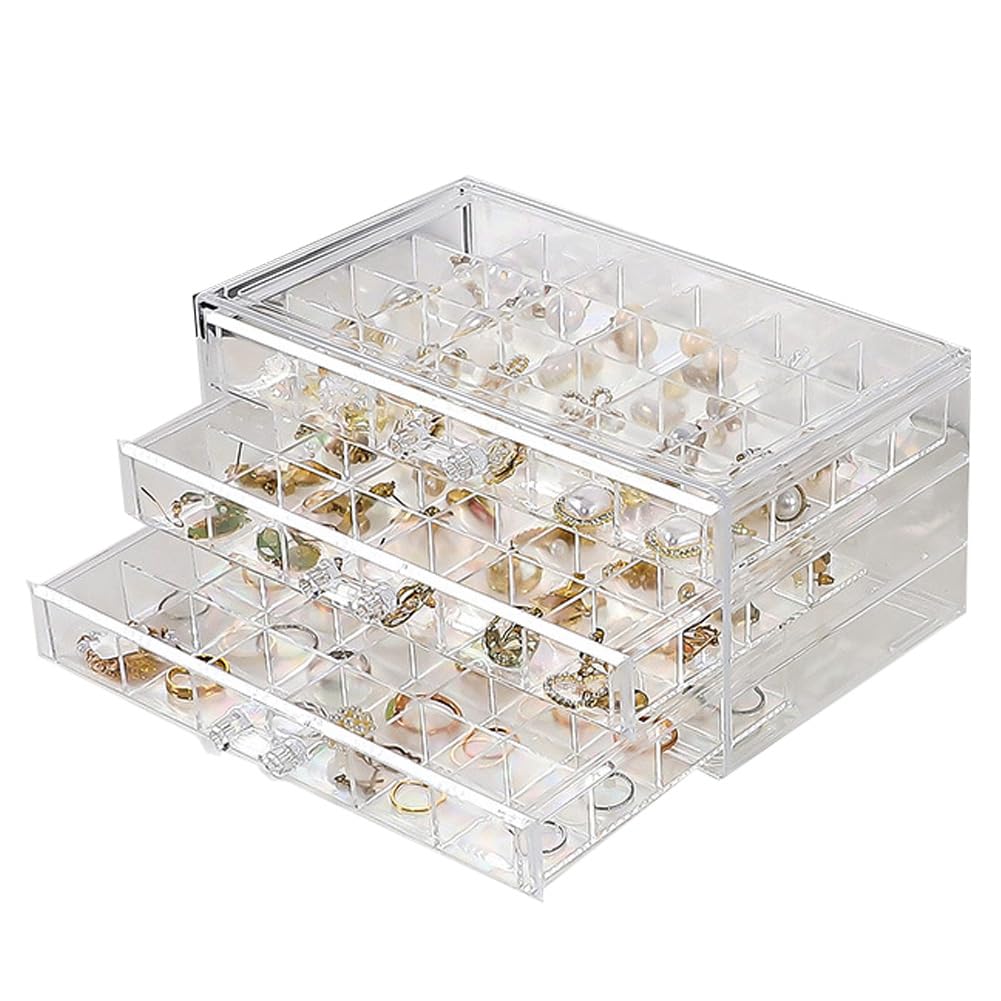 LOARNIEA Earring Organizer Box Acrylic Stackable Jewelry Organizer with 3 Drawers 72 Small Compartments Clear Jewelry Display Stand for Stud Earring Ring Pin Display (Transparent)