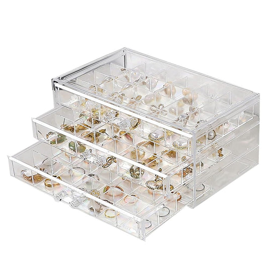 LOARNIEA Earring Organizer Box Acrylic Stackable Jewelry Organizer with 3 Drawers 72 Small Compartments Clear Jewelry Display Stand for Stud Earring Ring Pin Display (Transparent)