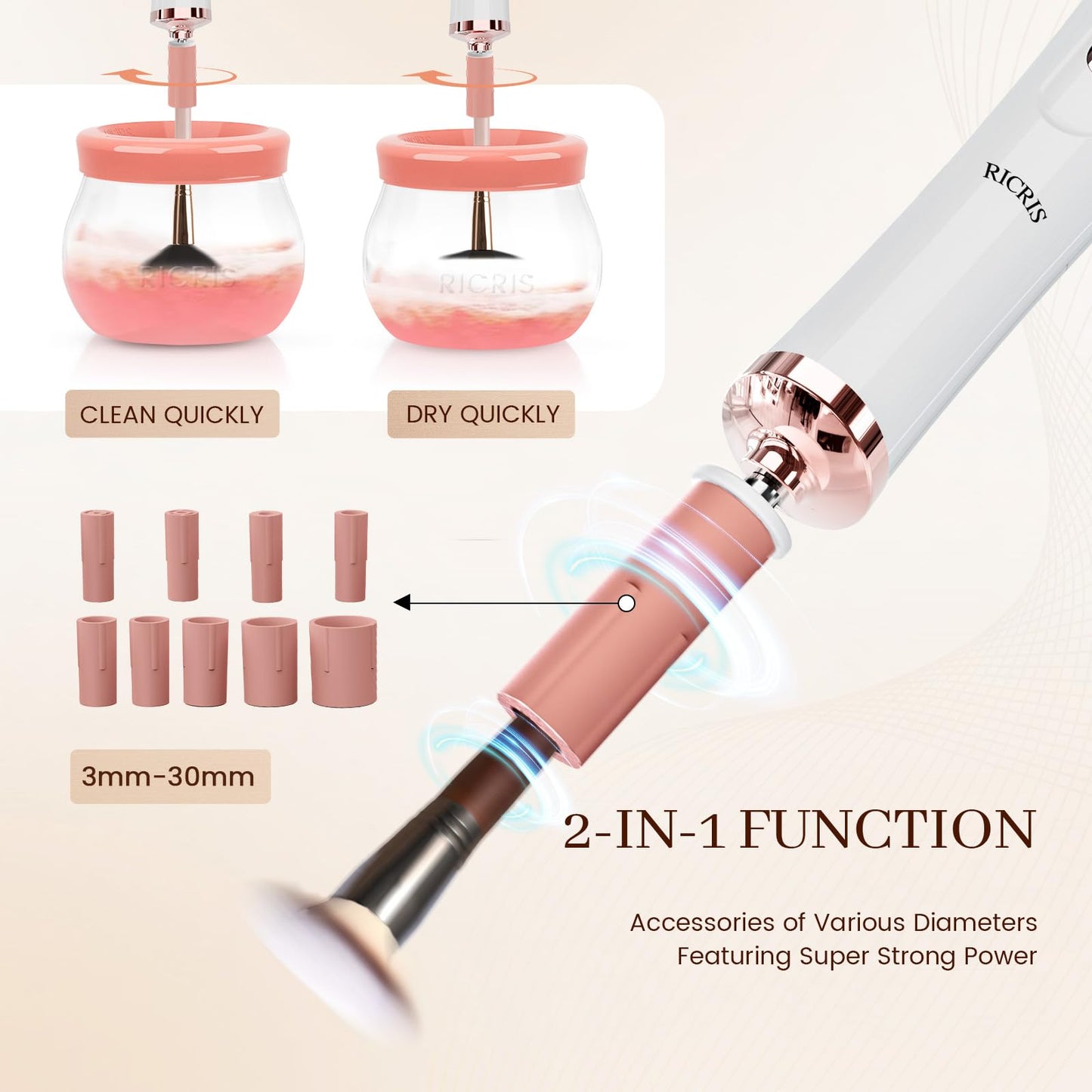 RICRIS Electric Makeup Brush Cleaner and Dryer Machine - Super Fast Clean and Dry Make Up Brushes - Automatic Cosmetic Brush Spinner Washer Tools