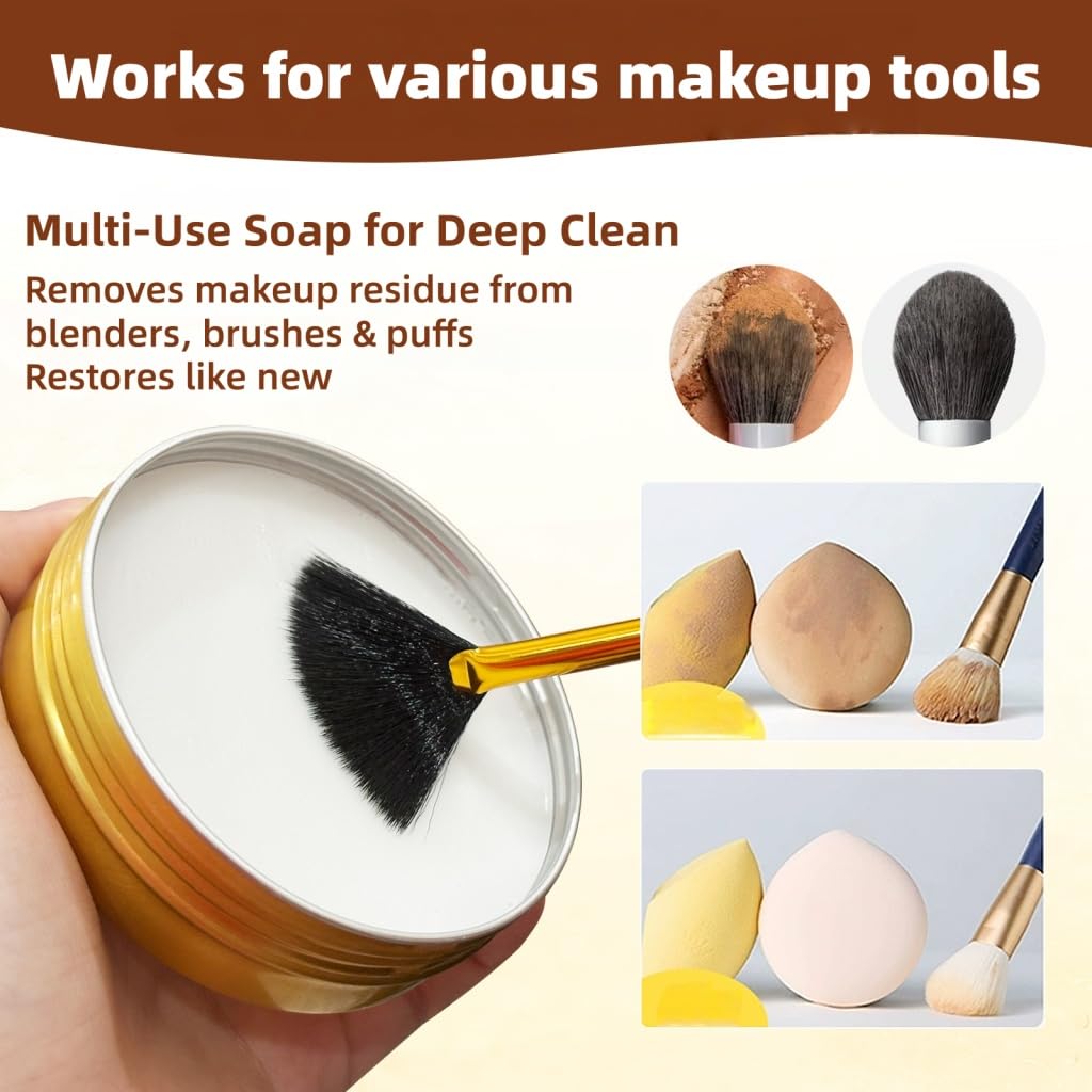 Litthap Coconut Oil Vegan Makeup Brush Cleaner Soap with 3-Zone Silicone Mat | Cruelty-Free Solid Cleanser for Blenders & Puffs