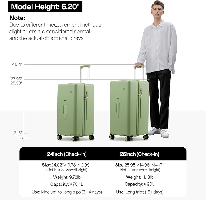 mixi 24'' Plus Trunk Luggage Medium Checked Luggage PC Hard Shell Rolling Travel Suitcases with Spinner Wheels & TSA Lock, Avocado Green