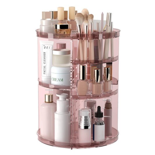Rotating Makeup Organizer, DIY 8 Adjustable Layers Spinning Skincare Storage, Cosmetic Display Case with Brush Holder and Perfume Tray, Multi-Function Vanity Bathroom Countertop Organizer Clear Pink