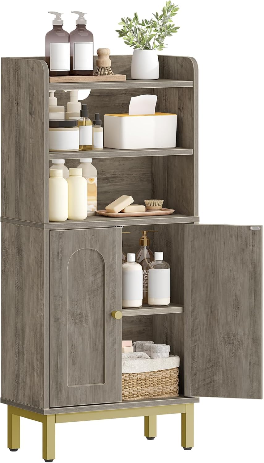 Hzuaneri Bathroom Storage Cabinet, Small Floor Cabinet with 2 Door and Shelves, Toilet Paper Cabinets, Bathroom Organizer with Adjustable Shelf, for Small Spaces Greige,Arch Door,7.1" Dx14.6 Wx32.7 H