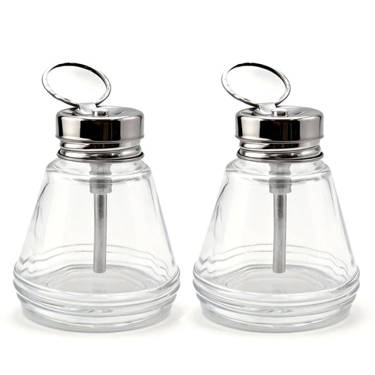 2 Pcs 6 Oz/ 180 ml Clear Pump Dispenser Bottle with Metal Flip Cover Glass Nail Polish Remover Push Down Dispenser Bottle Refillable Push Down Pump Dispenser Press Container for Makeup Remover
