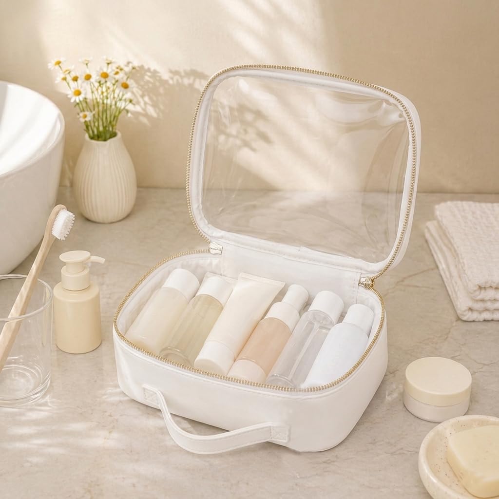 Travel Toiletry Bag for Women, Clear Makeup Bag Organizer with Handle, Waterproof Cosmetic Case for Travel Essentials, Portable Bathroom and Skincare Storage Bag for Daily Use, White