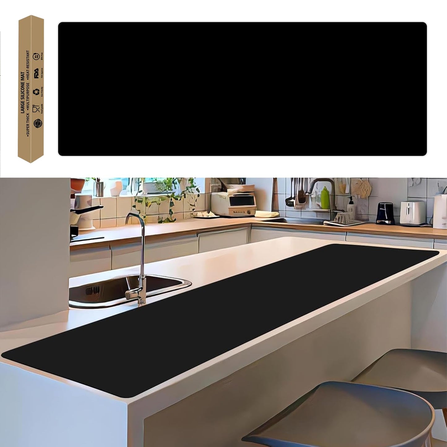 Large Silicone Mat, 78.7”x 15.7” Extra Thick Heat Resistant Mats, Nonslip Kitchen Countertop Protector Mat, Cuttable Waterproof Counter Protector Mats for Kitchen Island Workbench (Black)