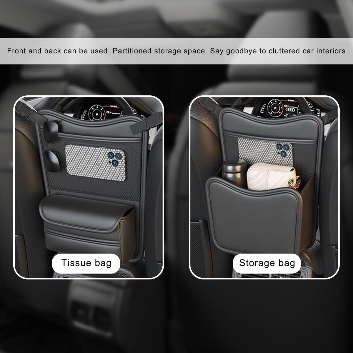 MTRPS Car Purse Holder Between Seats, Nappa Leather Front Seat Storage Bag with Tissue Holder, Large Capacity Automotive Console Organizer for Document Phone Wallet, Car Accessories (Gray)