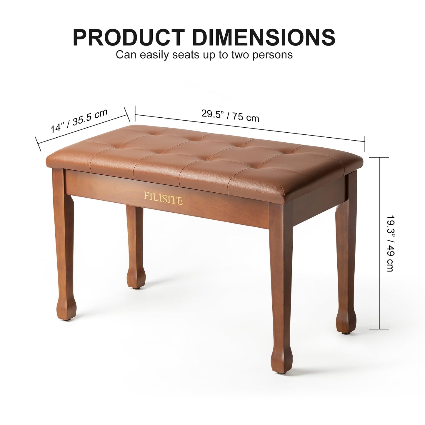 FILISITE Duet Piano Bench with Storage, Wooden Piano Stool with Waterproof Padded Cushion, Bench Seat for Vanity, Living Room, Bedroom (Light Brown)