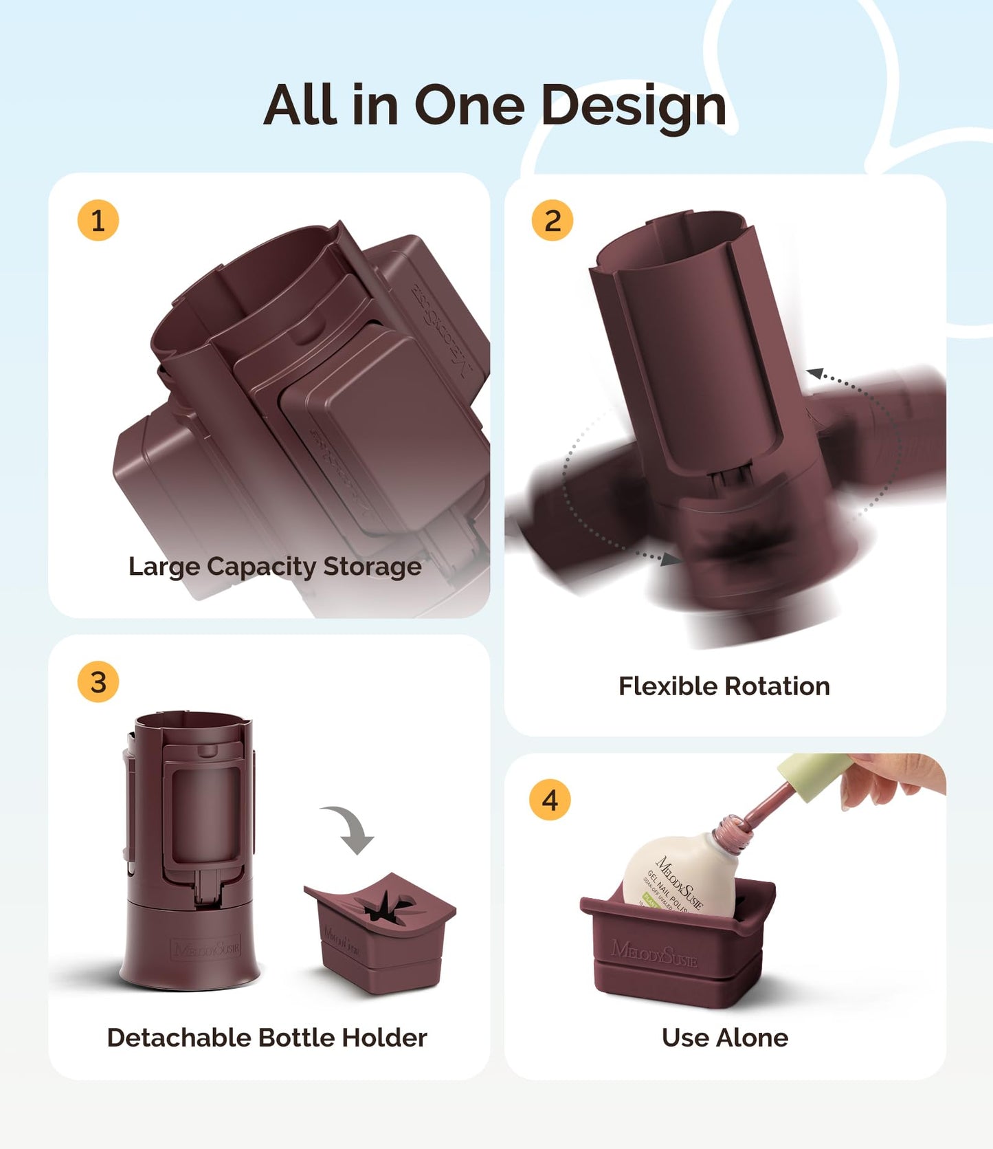 MelodySusie GelCarousel for Nail Polish Bottle Holder and Nail Art Tools Organizer, 360° Rotating Storage Container with 3Pcs Detachable Silcone Gel Polish Holder, Brown(Only Box)