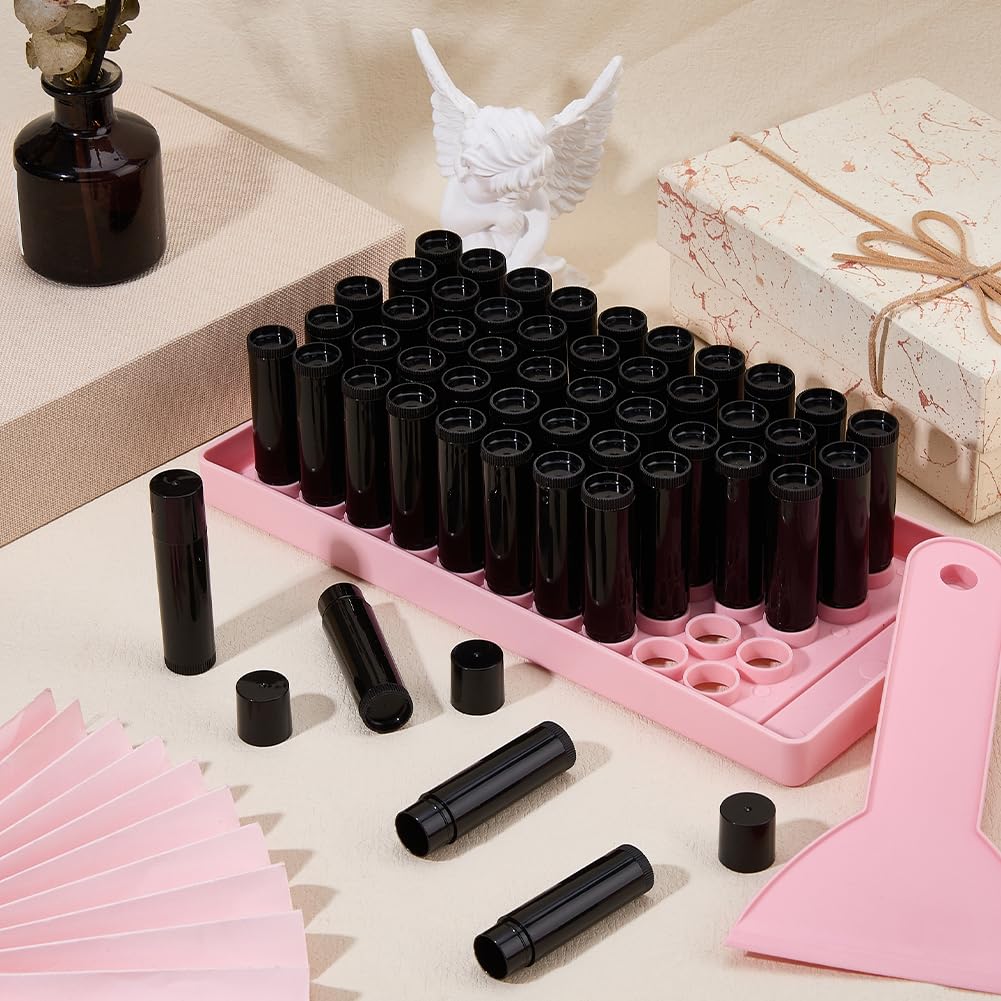 DICOSMETIC Lip Balm Tubes with Pink Filling Tray and Spatula Set Including 50Pcs 5G Black Empty Lip Balm Containers with Caps for DIY Homemade Lipsticks, Solid Perfume