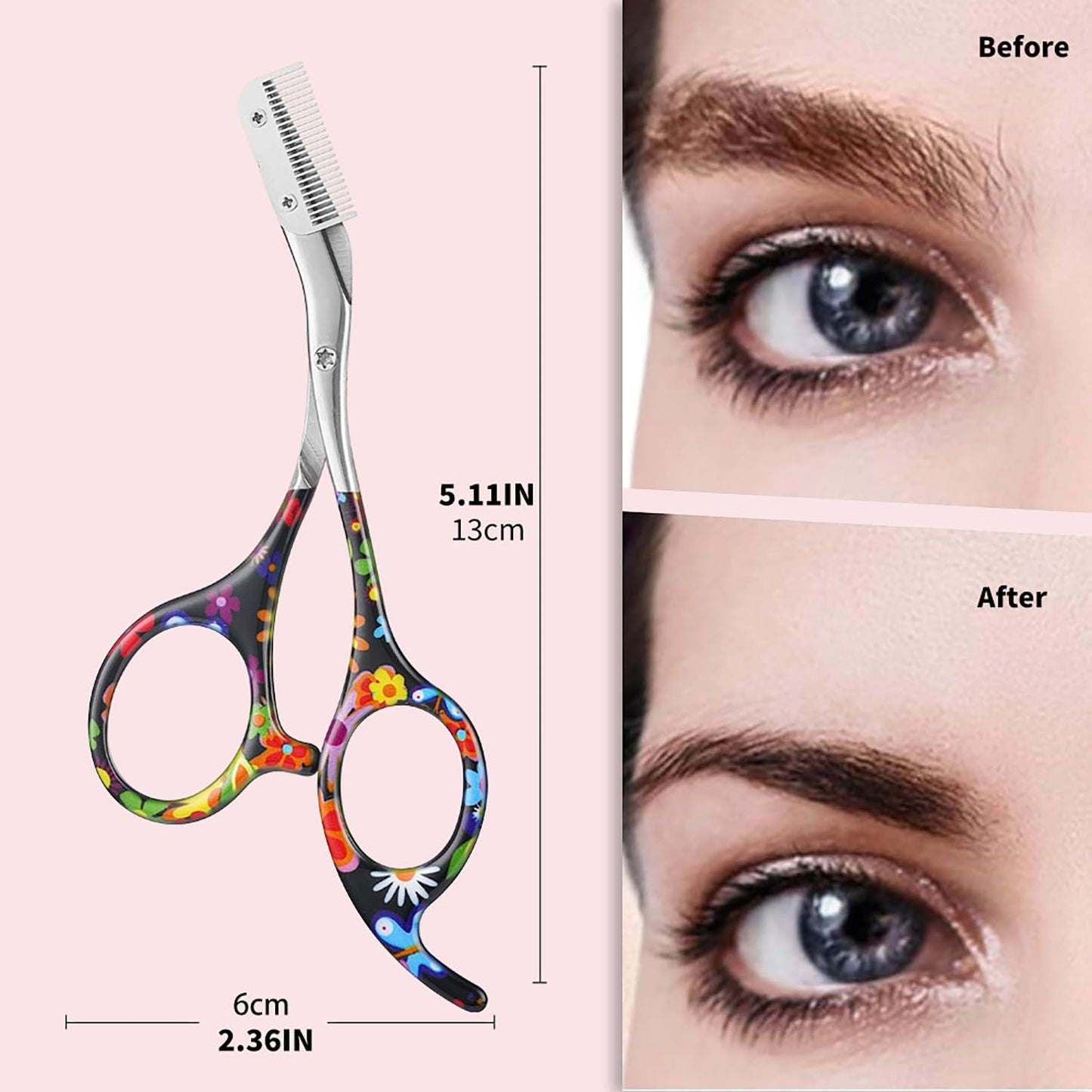 DINNAT Eyebrow Scissors With Comb, Facial Grooming Scissors Kit, Professional Precision Eyebrow Trimmer Scissors,Perfect For Gifts For Women and Men (Black Flower)
