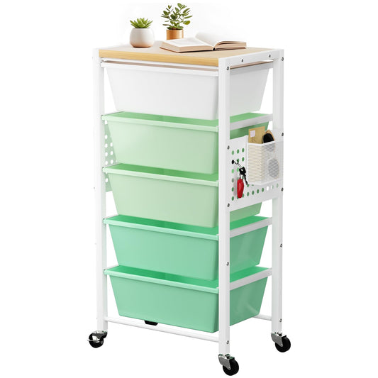 Rolling Cart with 5 Drawers, Plastic Drawer Storage Carts with Wheels & Wooden Tabletop, Metal Utility Cart with Pegboards, Office Living Room Classroom Craft Organization and Storage, Bright Green
