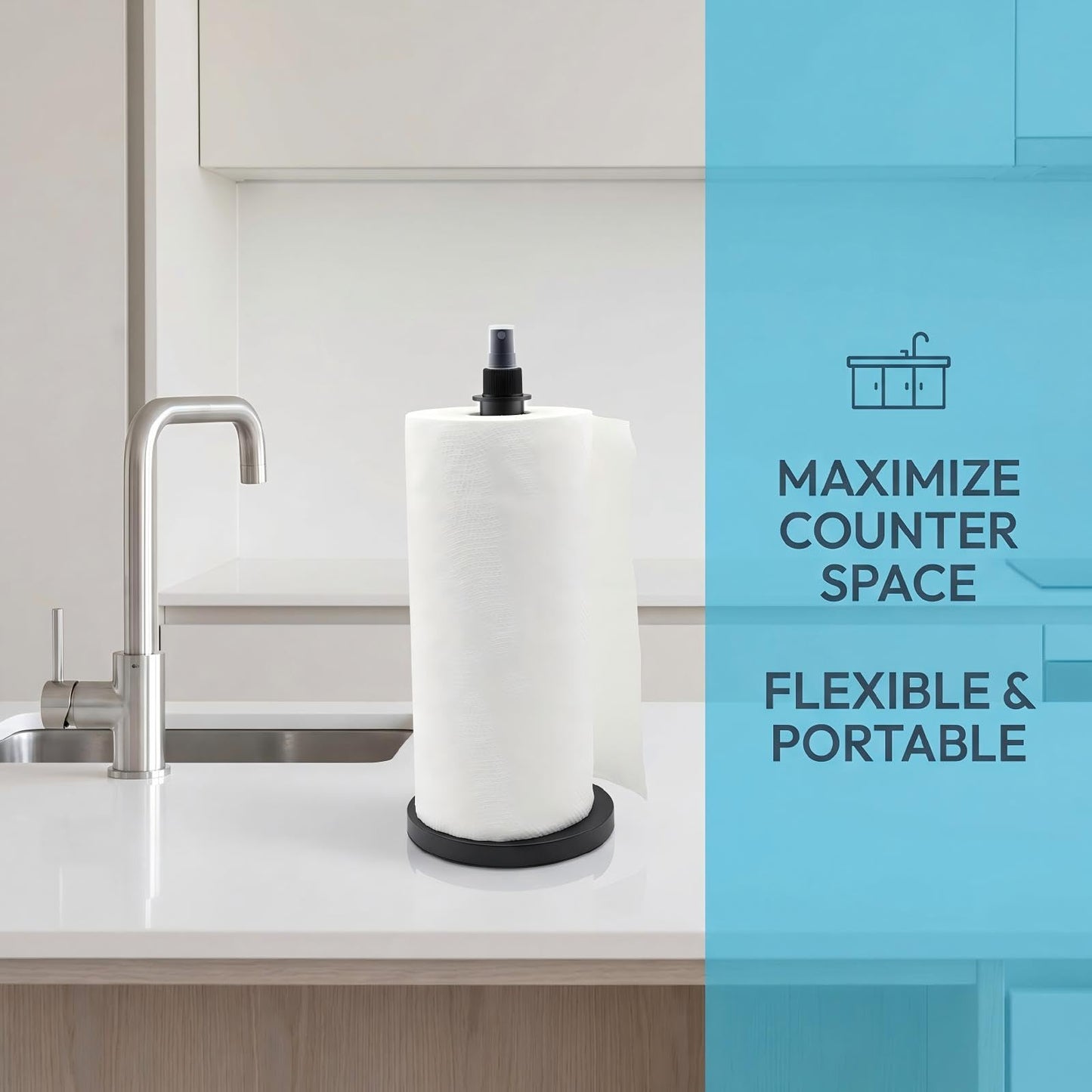 Phtynex 2 in 1 Paper Towel Holder with Spray Bottle,Countertop Paper Towel Holder with Weighted Base,Rust-Resistant Metal Base Standing Paper for Kitchen and Bathroom (Black)