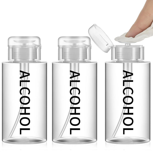 Layhit 3 Pcs 10 oz Alcohol Pump Dispenser Bottles Alcohol Push Down Liquid Dispenser Empty Pumping Bottle Refillable Cosmetic Container for Personal, Salon, Nail Care (Clear Cap + Clear Bottle)
