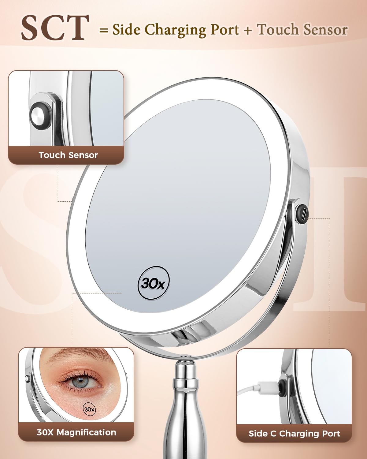 30x Lighted Makeup Mirror with Lights, 8" Double Sided Magnifying Mirror with 3 Color Modes Adjustable Brightness, 5000mAh Rechargeable, 360° Rotation, Side Touch+Side Charging, Vanity Mirror-Chrome