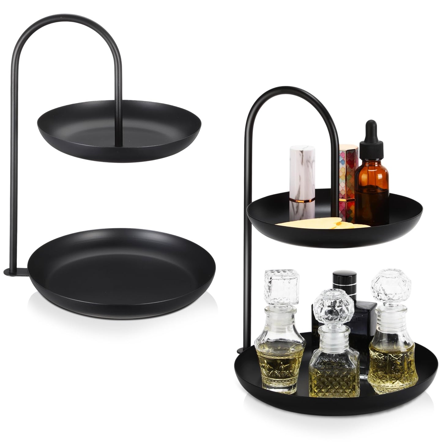 Maxcheck 2 Pcs Necklace Display Stand 2 Tier Jewelry Holder Tabletop Jewelry Organizer Tower with Round Storage Tray Organizer Tower for Bracelets Necklaces Earrings Makeups(Black)