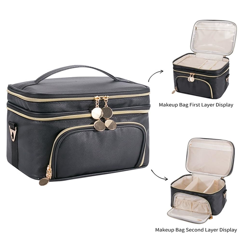 Mgiflw Extral Large Makeup Bag for Women,Double Layer Travel Cosmetic Organizer Case,Skin Care Essentials Toiletries Bags with Shoulder Strap Waterproof Brush Storage with Removable Dividers