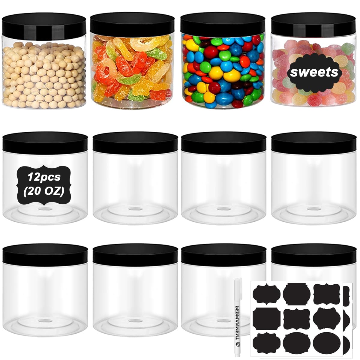 LOSYHU 20 Oz Round Plastic PET Storage Jars Clear Plastic Jars With Lids 12 Pack Refillable Storage Jar for Storing Dry Food, Spice, Cookie, Nuts, Kitchen Food