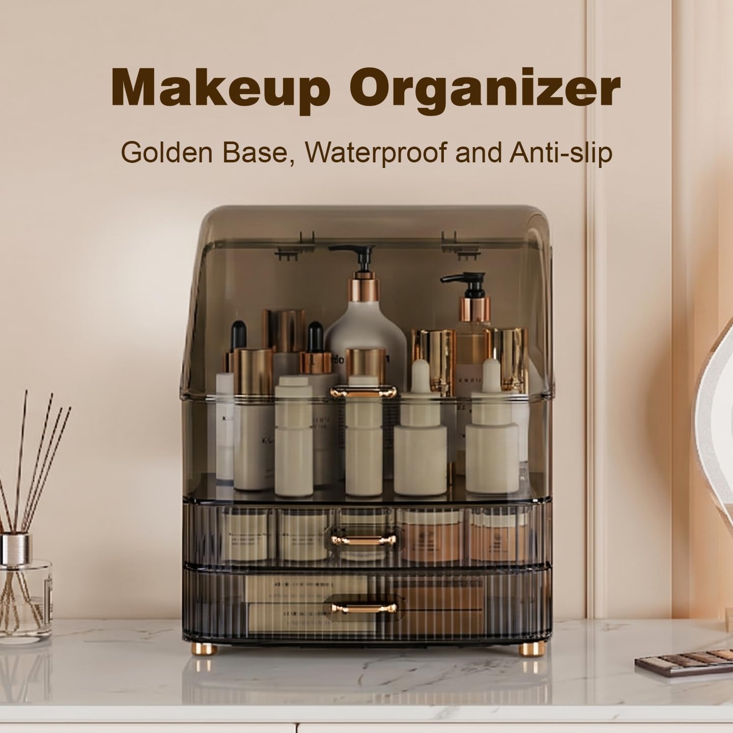 Plukers Makeup Organizer Countertop Vanity with Transparent Lid Drawers Waterproof Dustproof Cosmetic Skincare Bathroom Storage Gift for Women Teens Girls (Clear Black)