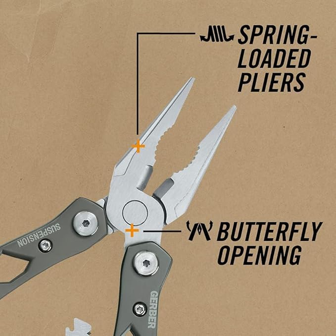 Gerber Gear Suspension 12-in-1 EDC Multi-Plier Multitool with Pocket Knife, Needle Nose Pliers, Wire Cutters and More, Gifts for Men, Camping and Survival, Grey