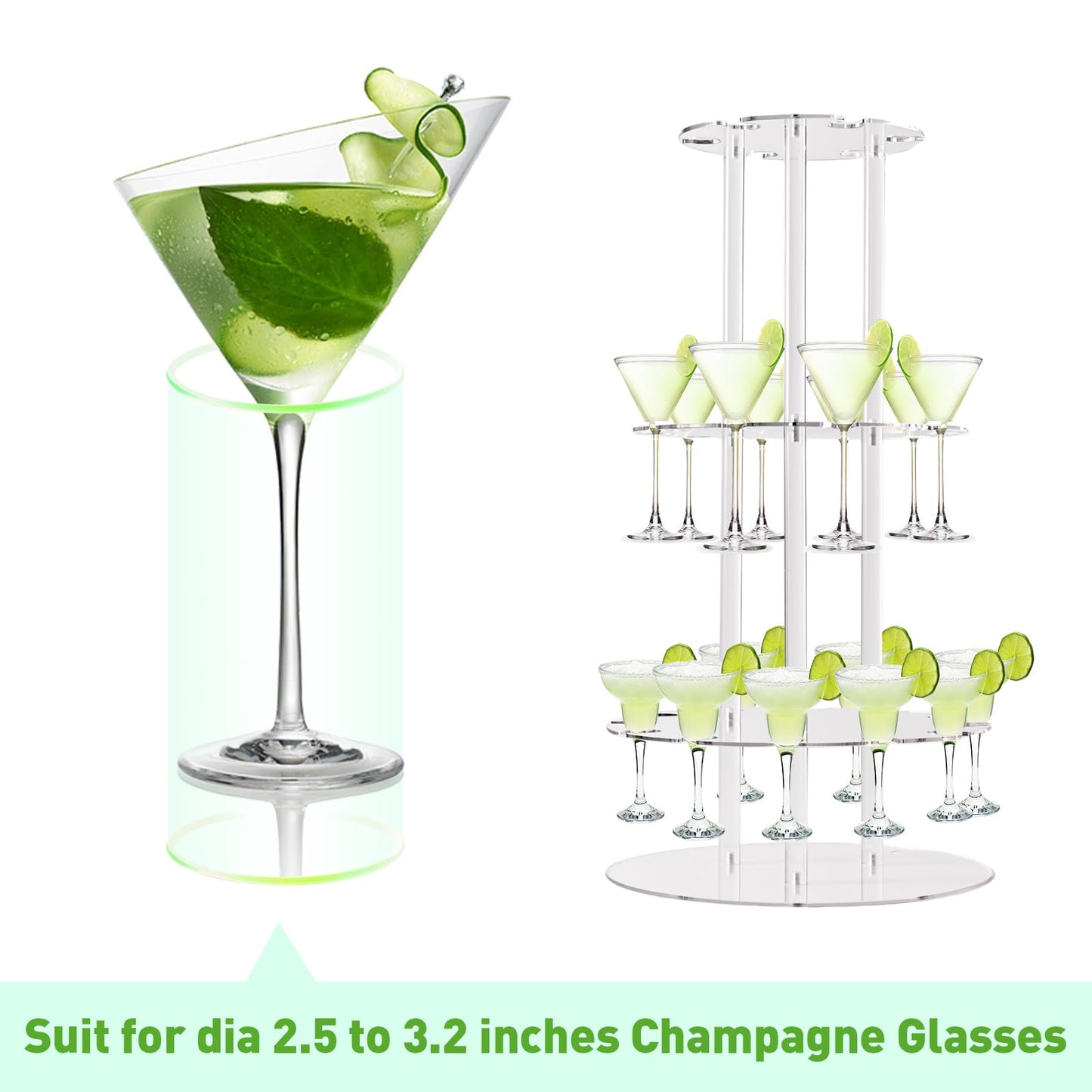 Laumffon Champagne Tower, Circle Acrylic Champagne Display Rack Stand with 28 Slots, 3 Tier Floating Sight Champagne Flute Holder for Party, Wedding, 13.4x13.4x25.5 inch, 2Pcs