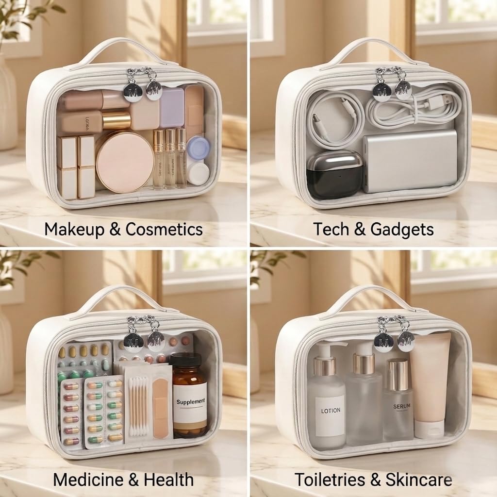 Travel Toiletry Bag for Women, Clear Makeup Bag Organizer with Handle, Waterproof Cosmetic Case for Travel Essentials, Portable Bathroom and Skincare Storage Bag for Daily Use, White