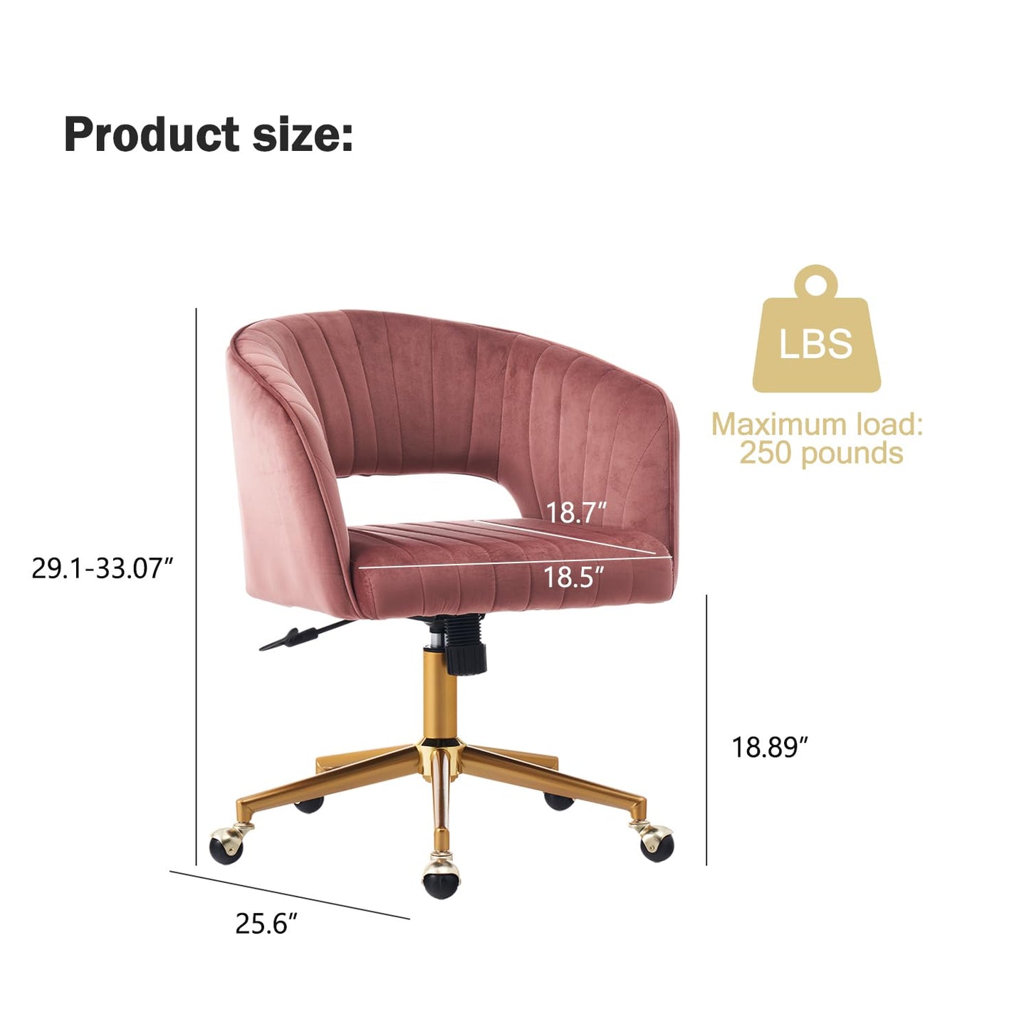 Nrizc Velvet Home Office & Living Room Desk Chairs with Adjustable Swivel Wheels, Ergonomic Upholstered Office Chair for Bedroom, Vanity Study (Rose)