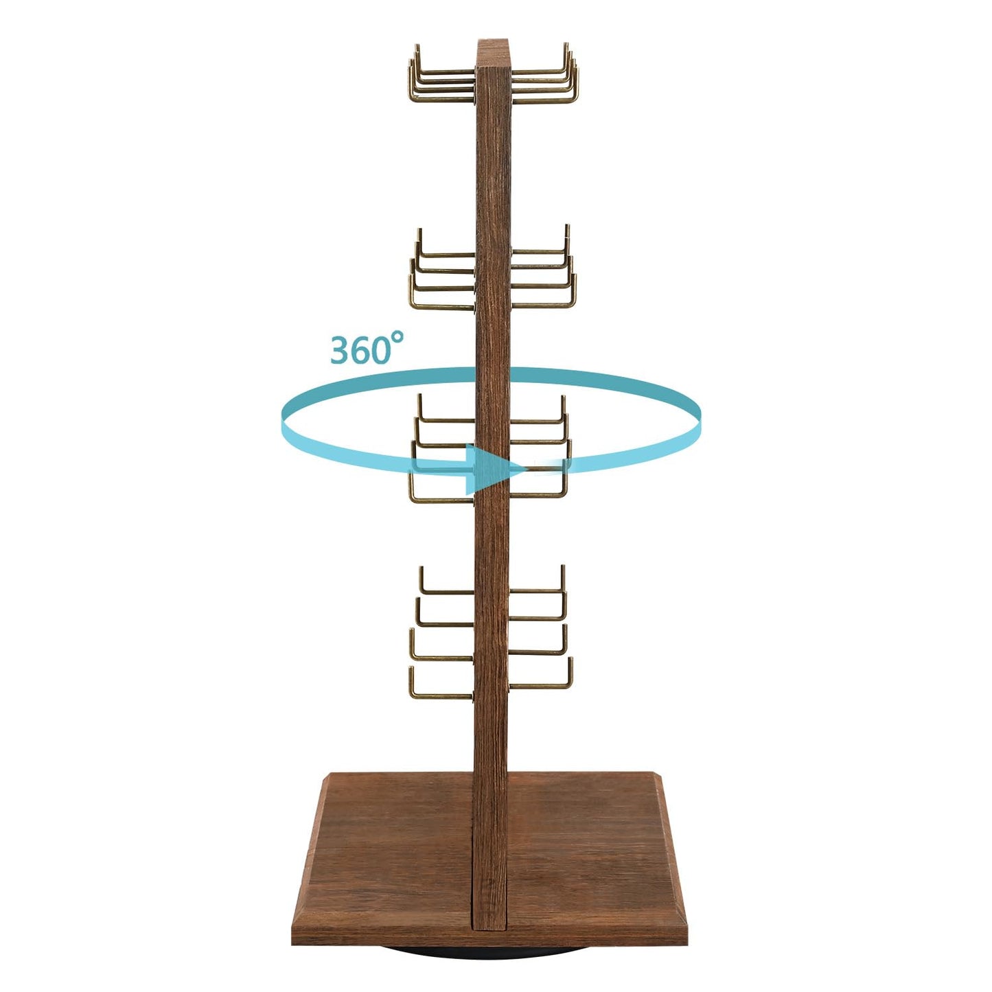 MOOCA Wooden Rotating Two-Sided Jewelry Display Stand, Rotating Organizer with 32 Long Hooks for Store, Keychain Earring Display, Brown color, 9.1W x 7.5 D x 17.1 H in
