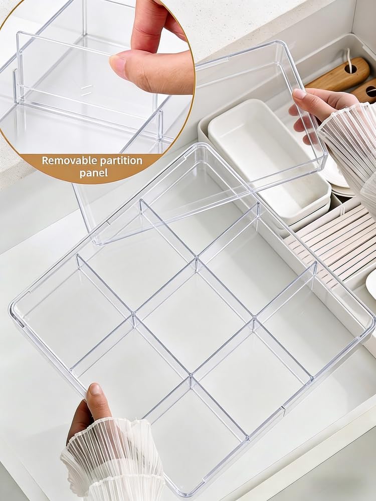 Expandable Drawer Storage Box with 6 Removable Dividers - 2.04" Depth for Light Drawers, Kitchen Utensils, Cosmetics, Office Supplies Organizer (10.43" Length, 20.27" Width)