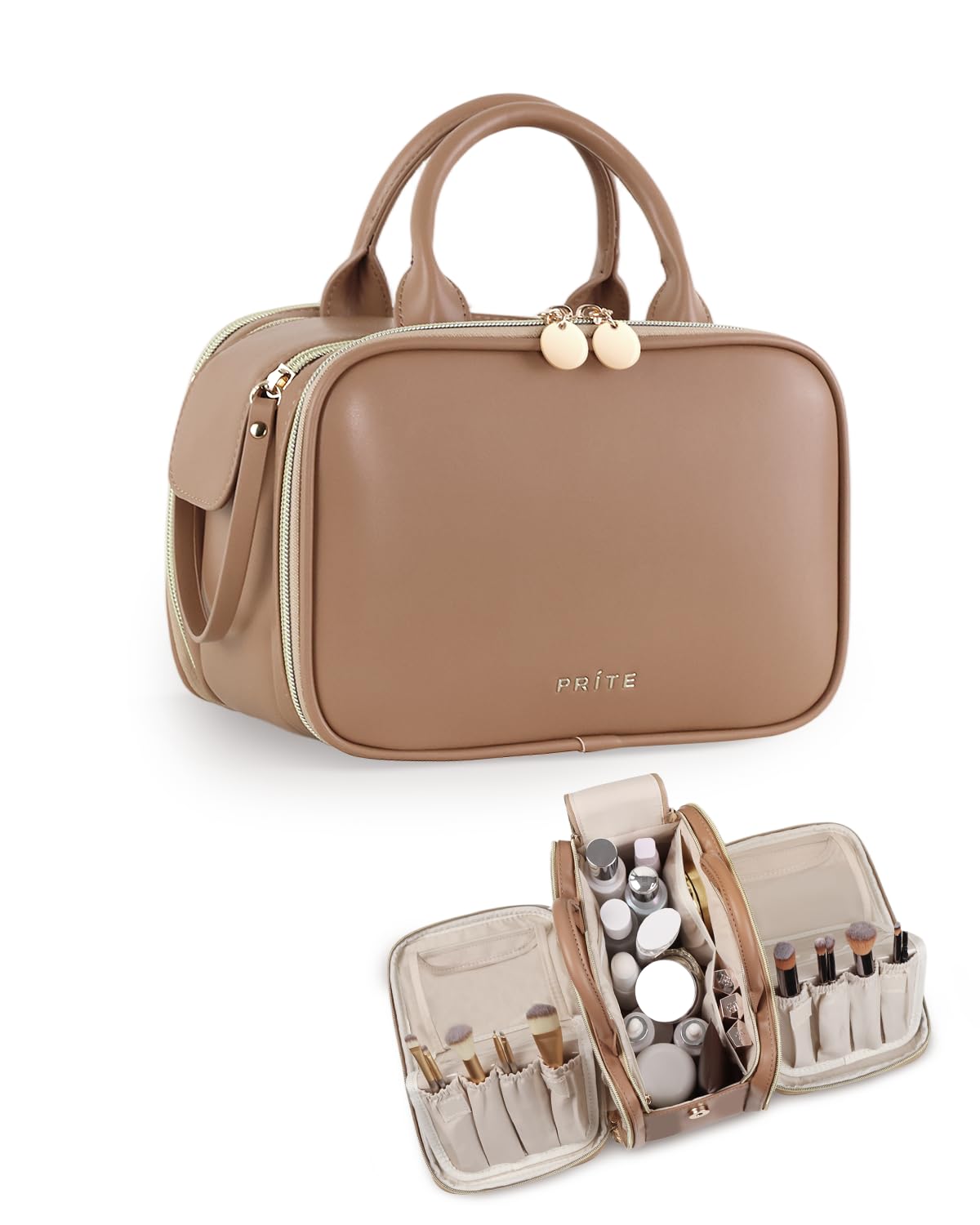 Prite Makeup Bag for Women, Large Capacity Waterproof Travel Cosmetic Organizer, Portable Open Flat Toiletry Bag with Free-standing Brush Holder and Handle(Brown Large)