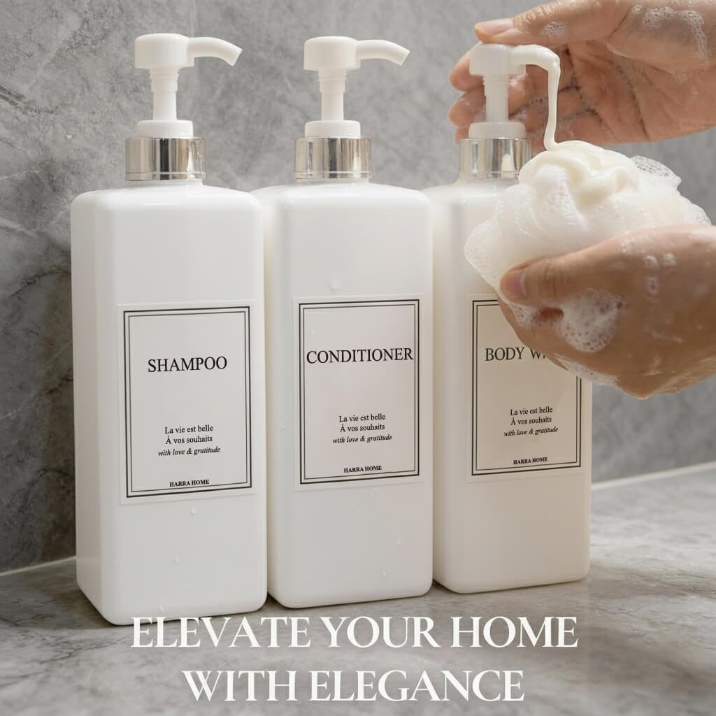 HARRA HOME Modern Gold Design Pump Bottle Set 27 oz Refillable Shampoo and Conditioner Dispenser Empty Shower Plastic Bottles with Pump for Bathroom Lotion Body wash, Pack of 3 (White & Silver)