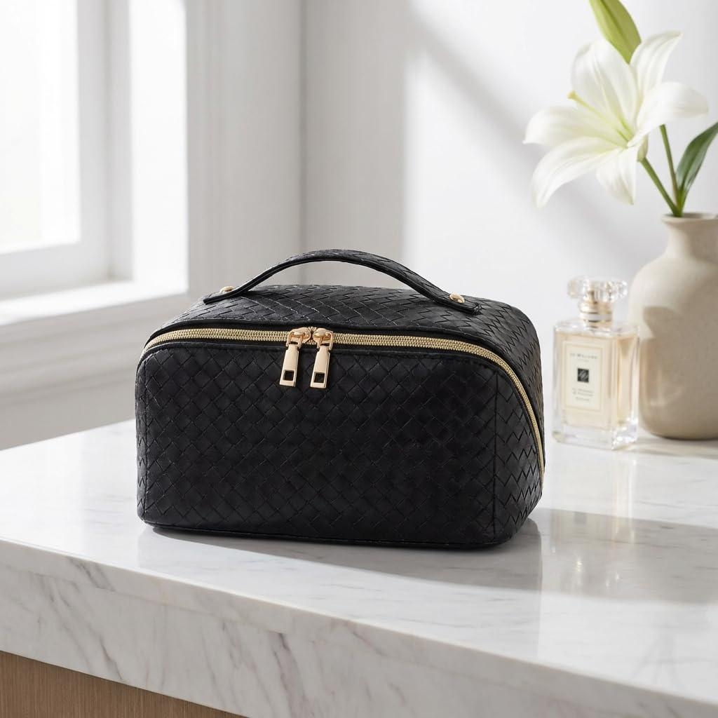 VERNASSA Large Capacity Travel Makeup Bag for Women, Waterproof Portable Cosmetic Bag with Compartments, Foldable Flat Lay Design for Easy Access, Perfect for Toiletries & Beauty Essentials (Black)