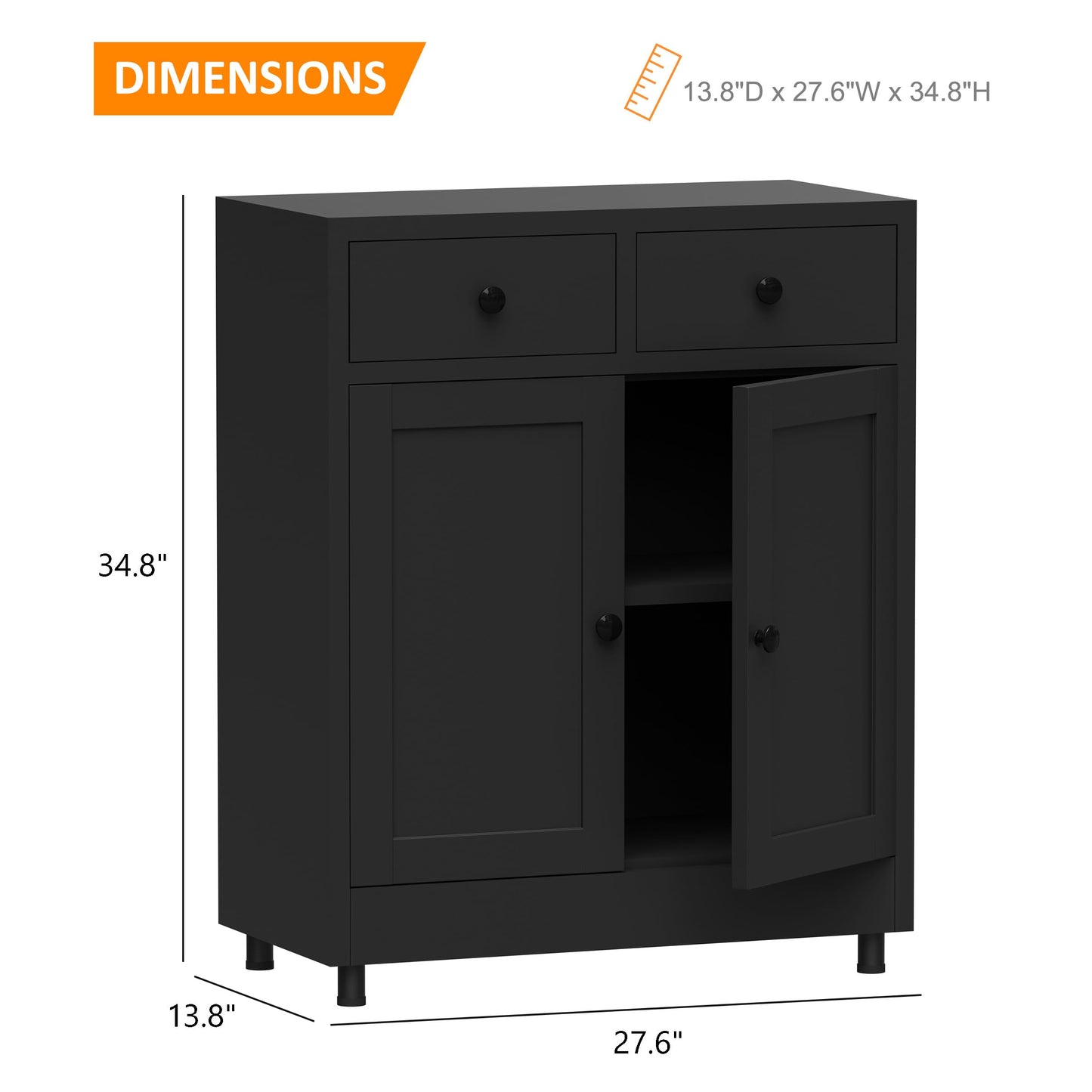 JINKUR Metal Storage Cabinet with 2 Drawers and Adjustable Shelf, Sideboard Buffet Cabinet for Home, Office, Hallway, Entryway, Living Room, Kitchen Pantry and Dining Room (Black)