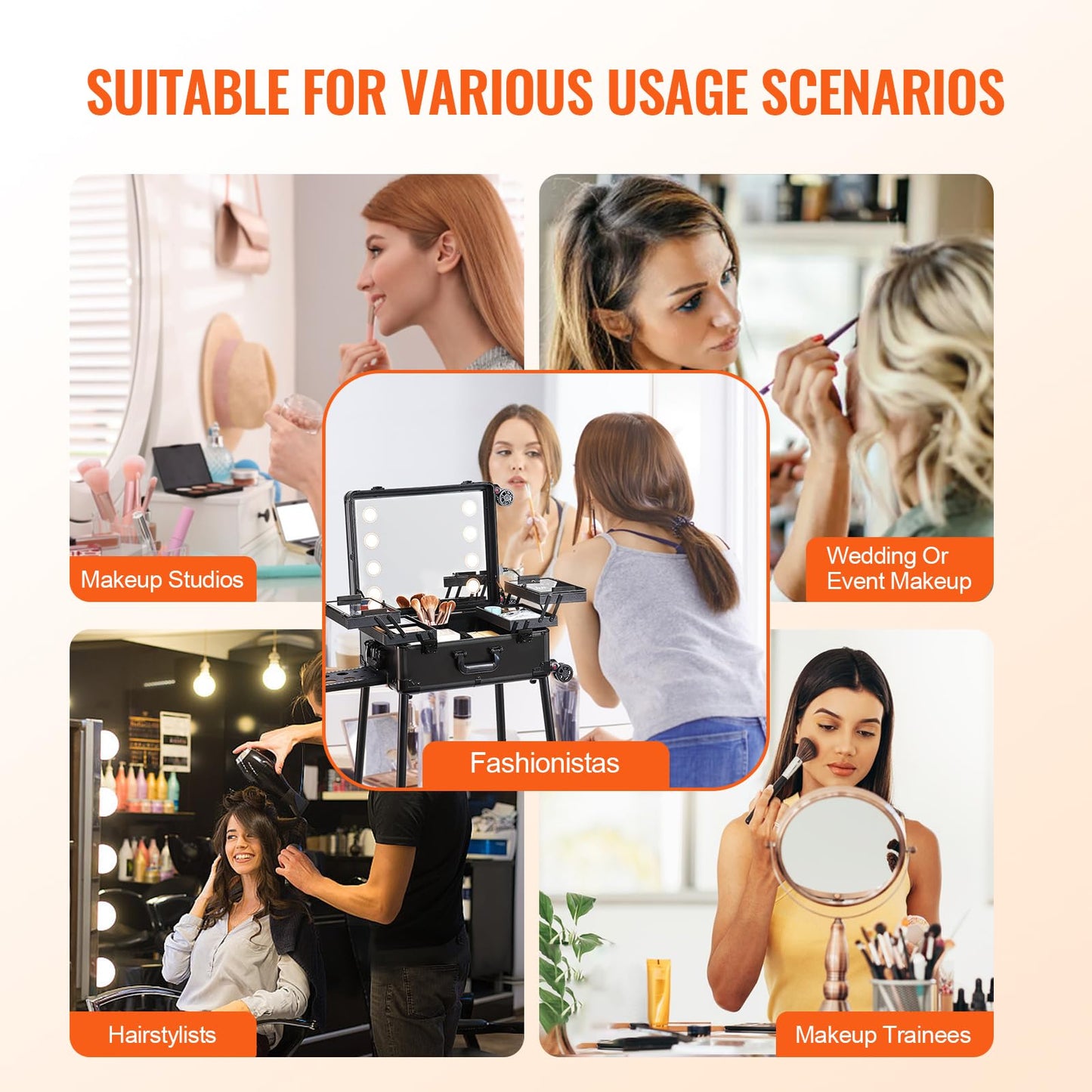 VEVOR Makeup Train Case with Lock, Lighted Mirror, 4 Storage Trays, Brush Holder, Travel Cosmetic Organizer Box w/Swivel Wheels, Professional Artist Trolley Studio Free Standing Case